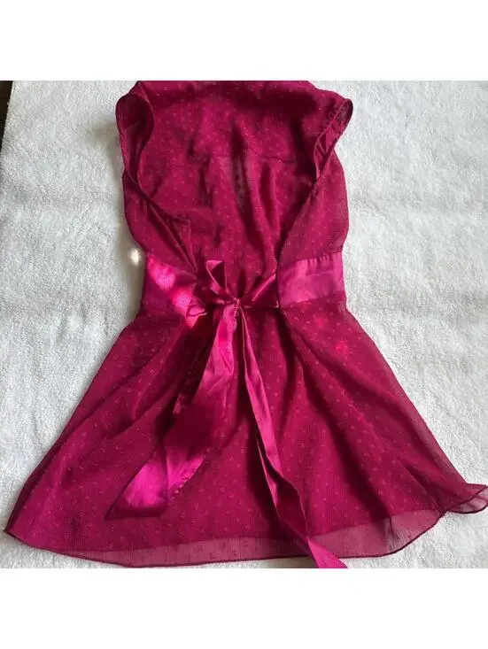 Y2K polka dot Pink Ruffle Neck Satintie back Blouse - Picture 5 of 5